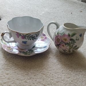 Floral Teacup and Saucer Set with Creamer BY GRACE'S TEAWARE